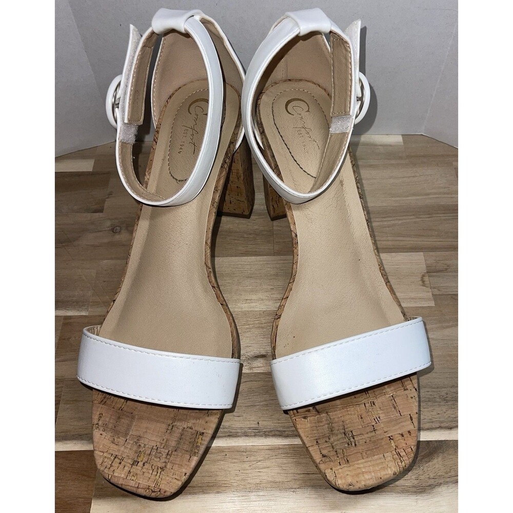 Cork Platform Sandal White Adjustable Ankle Strap Chunky Block Heel Women’s 10